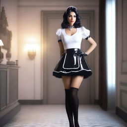 A realistic depiction of an Arab woman wearing a latex French maid outfit