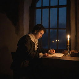 A 17th century setting featuring a young man reading handwritten notes by candlelight, sitting in front of a window during nighttime.