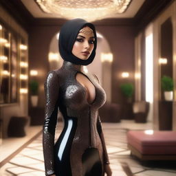 A realistic depiction of an Arab girl with full makeup, wearing a latex outfit