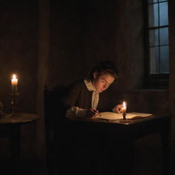 A 17th century setting featuring a young man reading handwritten notes by candlelight, sitting in front of a window during nighttime.