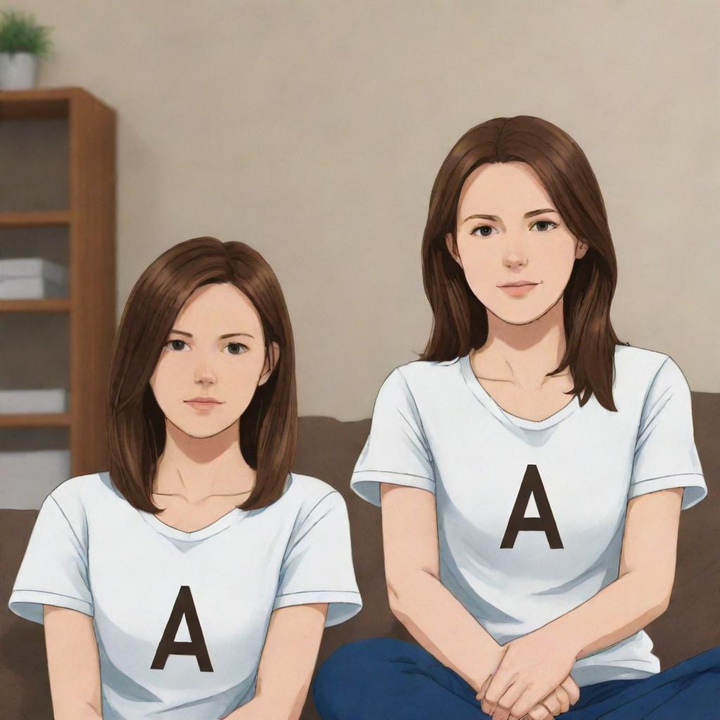 Anime-style depiction of a white girl with brown hair sitting next to her husband at home. Both are wearing shirts with the letter 'A' prominently displayed on them