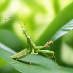 A close-up image of a praying mantis in a natural environment