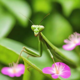 A close-up image of a praying mantis in a natural environment