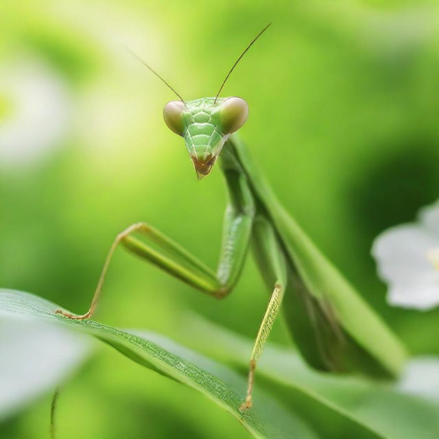 A close-up image of a praying mantis in a natural environment