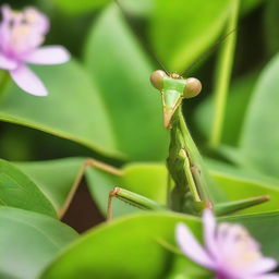 A close-up image of a praying mantis in a natural environment