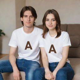 Anime-style depiction of a white girl with brown hair sitting next to her husband at home. Both are wearing shirts with the letter 'A' prominently displayed on them