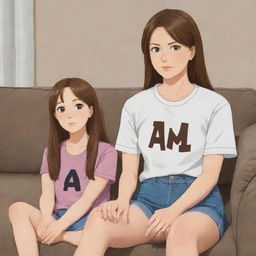 Anime-style depiction of a white girl with brown hair sitting next to her husband at home. Both are wearing shirts with the letter 'A' prominently displayed on them