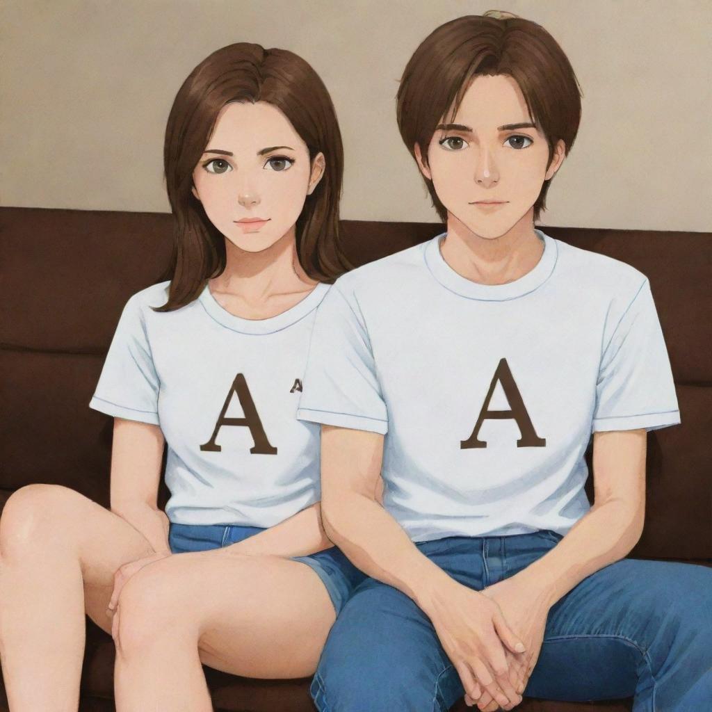 Anime-style depiction of a white girl with brown hair sitting next to her husband at home. Both are wearing shirts with the letter 'A' prominently displayed on them