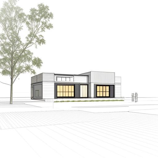 A modern home design for a 33ft x 48ft space, which includes a shop and a gate positioned on the front side. The architecture should have a contemporary feel with sleek lines and simplistic design features.