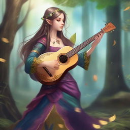 A beautiful half-elf bard girl playing a lute in a fantasy forest setting