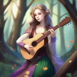 A beautiful half-elf bard girl playing a lute in a fantasy forest setting