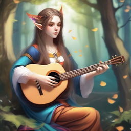 A beautiful half-elf bard girl playing a lute in a fantasy forest setting