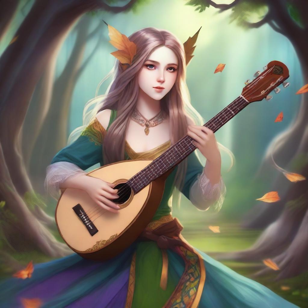 A beautiful half-elf bard girl playing a lute in a fantasy forest setting