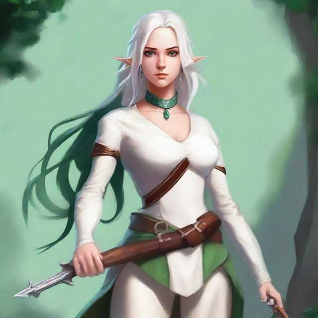 A beautiful half-elf bard girl standing in a fantasy setting