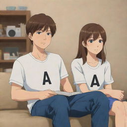 Anime-style depiction of a girl with brown hair sitting next to her husband at home. Both are wearing shirts with the letter 'A' prominently displayed on them