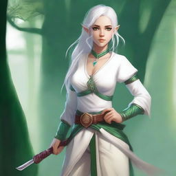 A beautiful half-elf bard girl standing in a fantasy setting