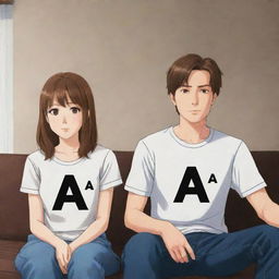 Anime-style depiction of a girl with brown hair sitting next to her husband at home. Both are wearing shirts with the letter 'A' prominently displayed on them