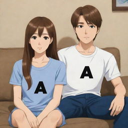 Anime-style depiction of a girl with brown hair sitting next to her husband at home. Both are wearing shirts with the letter 'A' prominently displayed on them