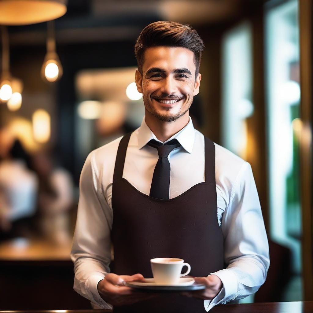 A very attractive and charming waiter with a confident smile, bringing a cup of coffee on a tray