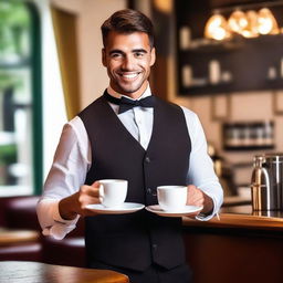 A very attractive and charming waiter with a confident smile, bringing a cup of coffee on a tray