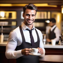 A very attractive and charming waiter with a confident smile, bringing a cup of coffee on a tray