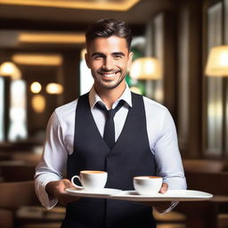 A very attractive and charming waiter with a confident smile, bringing a cup of coffee on a tray