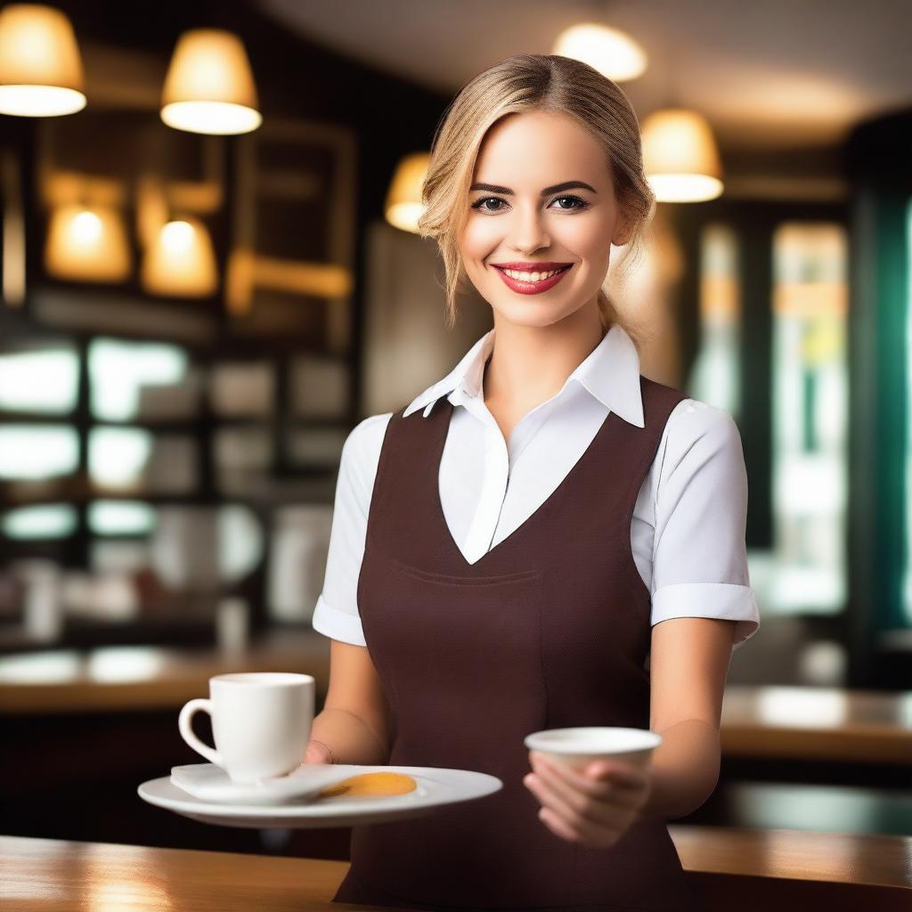 A very attractive and charming waitress with a confident smile, bringing a cup of coffee on a tray