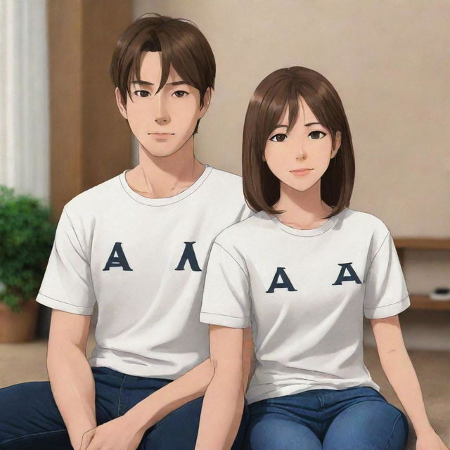 Anime-style depiction of a girl with brown hair sitting next to her husband at home. Both are wearing shirts with the letter 'A' prominently displayed on them