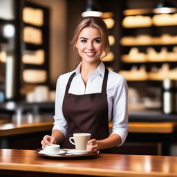 A very attractive and charming waitress with a confident smile, bringing a cup of coffee on a tray