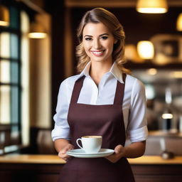 A very attractive and charming waitress with a confident smile, bringing a cup of coffee on a tray