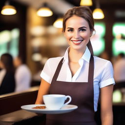 A very attractive and charming waitress with a confident smile, bringing a cup of coffee on a tray