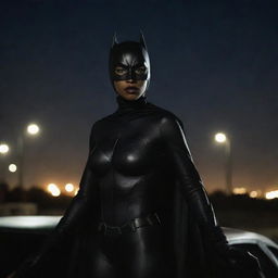 A striking photograph-like image of a tall, beautiful African American woman in a Batman suit and mask, assertively positioned atop a car. The glow from a flashlight illuminates her face, accentuating her beauty and determination