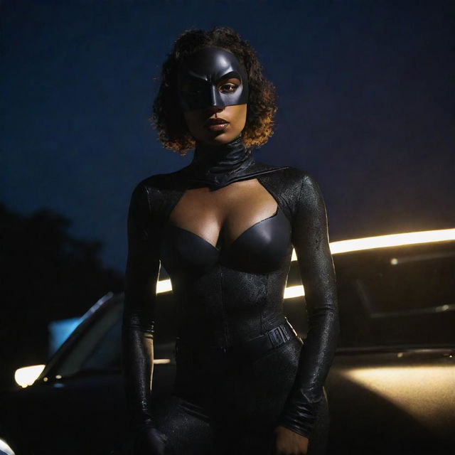 A striking photograph-like image of a tall, beautiful African American woman in a Batman suit and mask, assertively positioned atop a car. The glow from a flashlight illuminates her face, accentuating her beauty and determination