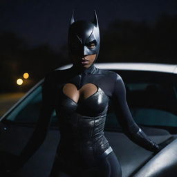 A striking photograph-like image of a tall, beautiful African American woman in a Batman suit and mask, assertively positioned atop a car. The glow from a flashlight illuminates her face, accentuating her beauty and determination