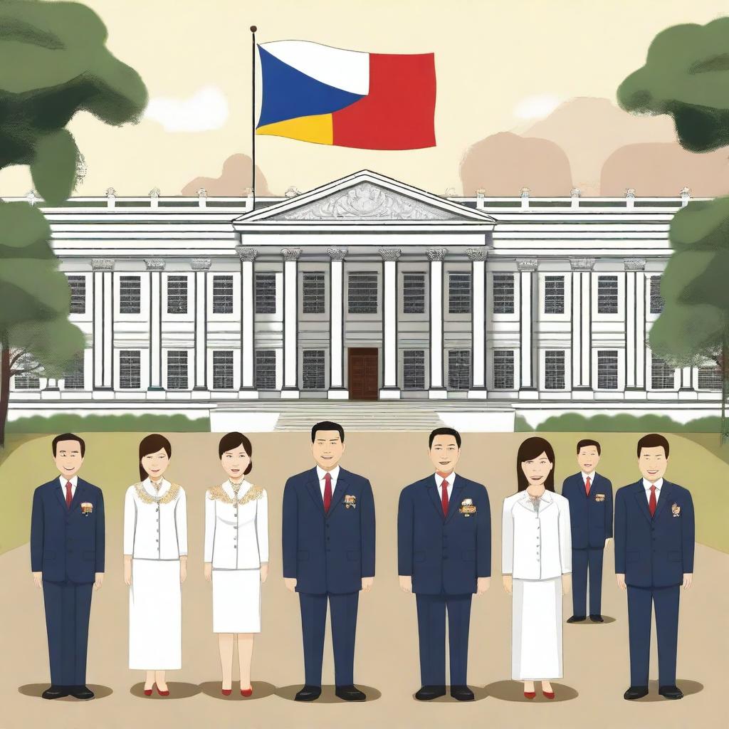 A detailed illustration depicting the Philippine government, showing important landmarks such as the Malacañang Palace, the Philippine flag, and government officials in formal attire