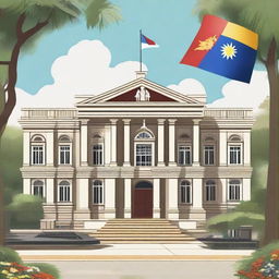 A detailed illustration depicting the Philippine government, showing important landmarks such as the Malacañang Palace, the Philippine flag, and government officials in formal attire