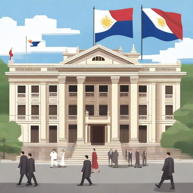 A detailed illustration depicting the Philippine government, showing important landmarks such as the Malacañang Palace, the Philippine flag, and government officials in formal attire