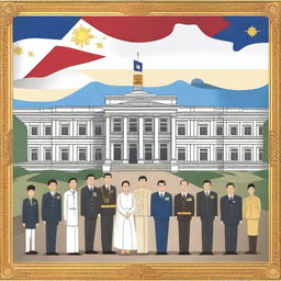 A detailed illustration depicting the Philippine government, showing important landmarks such as the Malacañang Palace, the Philippine flag, and government officials in formal attire