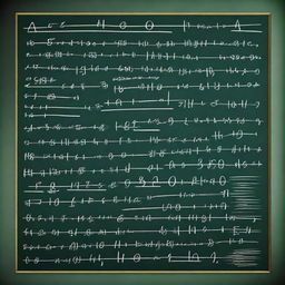 A beautifully rendered math equation on a chalkboard, with neat handwriting and detailed annotations