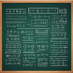 A beautifully rendered math equation on a chalkboard, with neat handwriting and detailed annotations