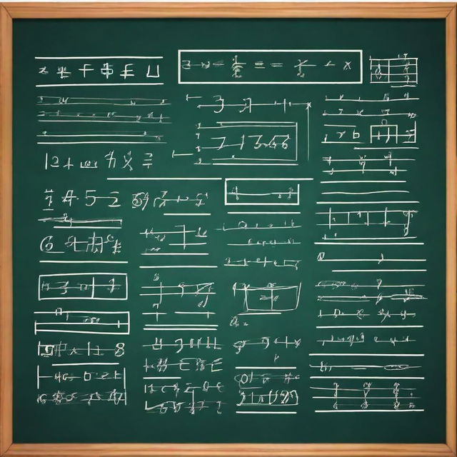 A beautifully rendered math equation on a chalkboard, with neat handwriting and detailed annotations