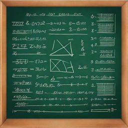 A beautifully rendered math equation on a chalkboard, with neat handwriting and detailed annotations