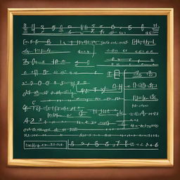 A beautifully rendered math equation on a chalkboard, with neat handwriting and detailed annotations