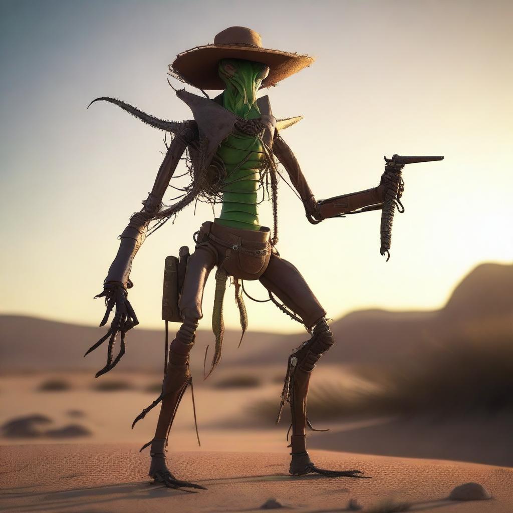 A humanoid praying mantis Thri-kreen gunslinger standing in a desert landscape