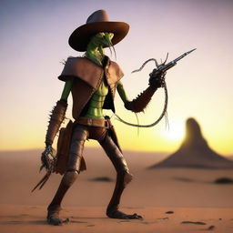 A humanoid praying mantis Thri-kreen gunslinger standing in a desert landscape