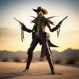 A humanoid praying mantis Thri-kreen gunslinger standing in a desert landscape