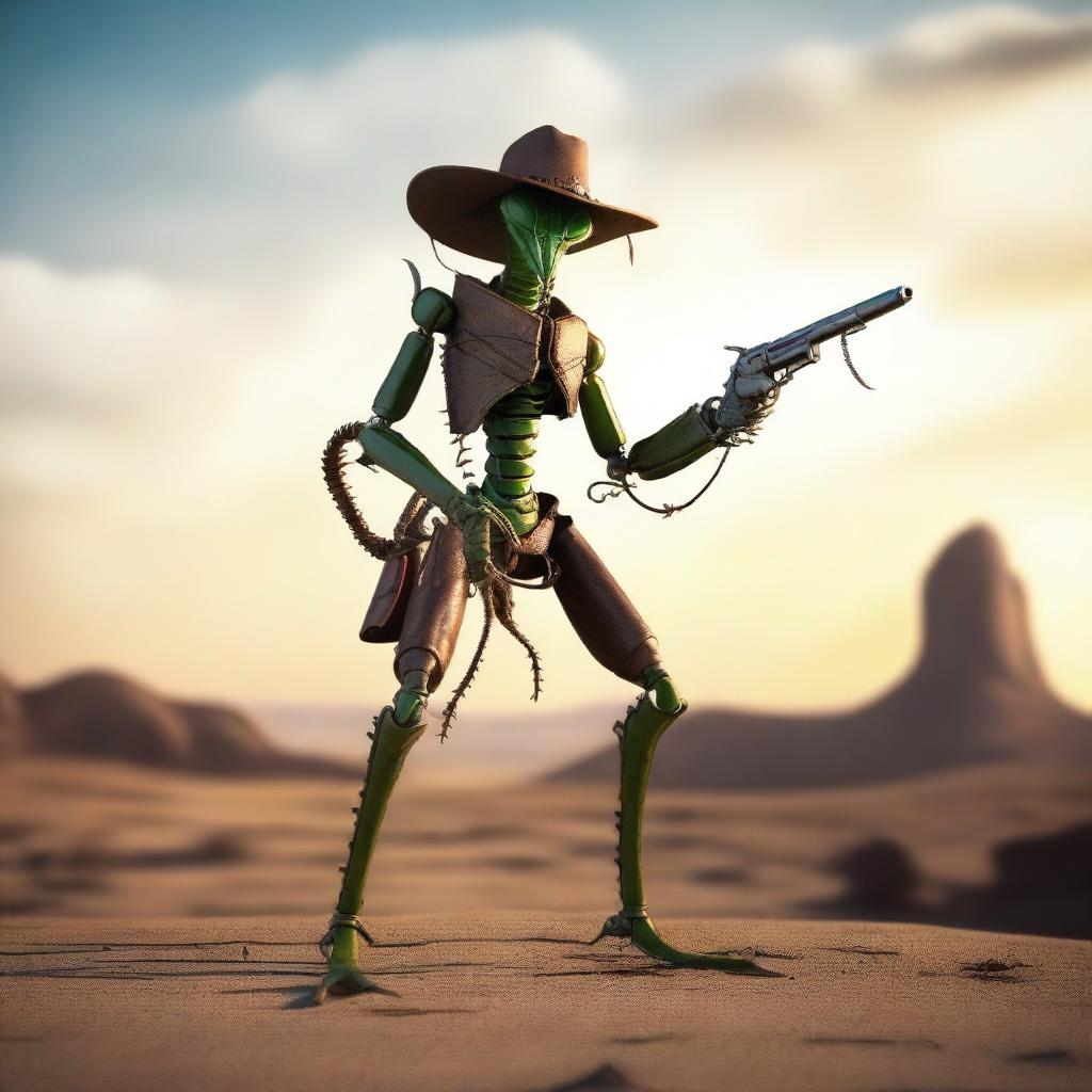 A humanoid praying mantis Thri-kreen gunslinger standing in a desert landscape