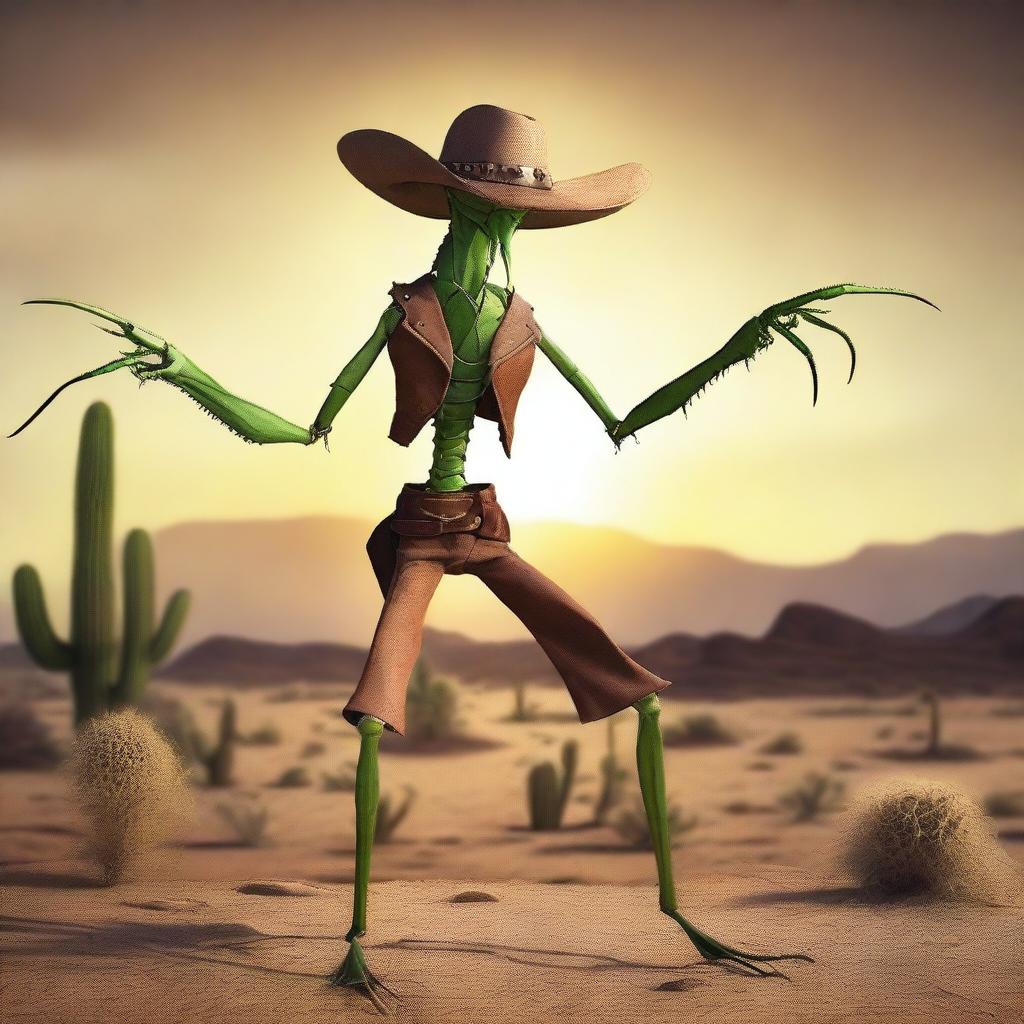 A humanoid praying mantis with four arms, dressed as a gunslinger in a wild west setting