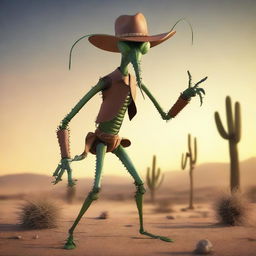 A humanoid praying mantis with four arms, dressed as a gunslinger in a wild west setting