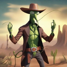 A humanoid praying mantis with four arms, dressed as a gunslinger in a wild west setting